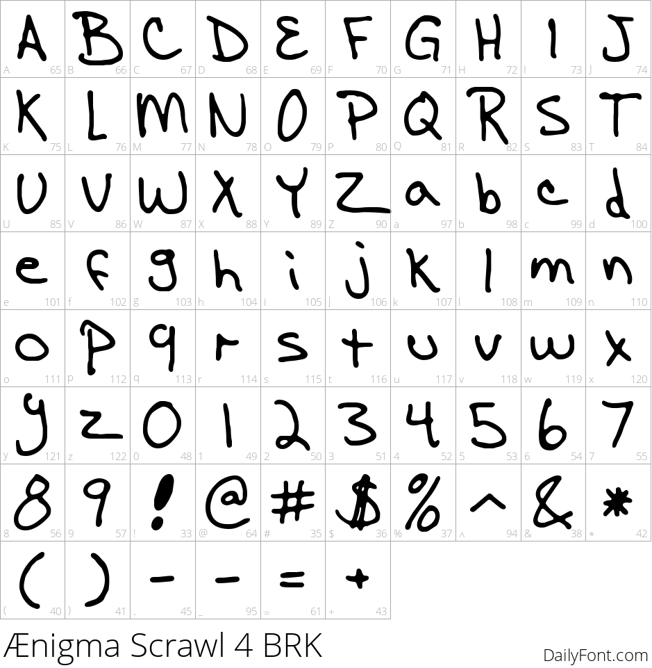 Ænigma Scrawl 4 BRK character map