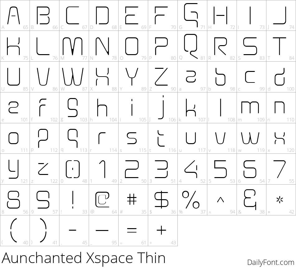 Aunchanted Xspace Thin character map