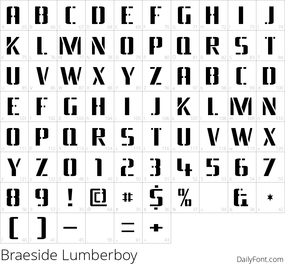 Braeside Lumberboy character map