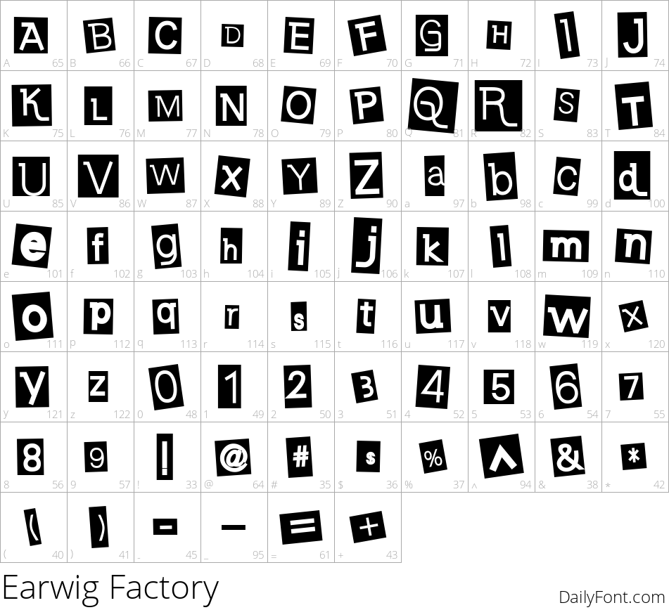 Earwig Factory character map