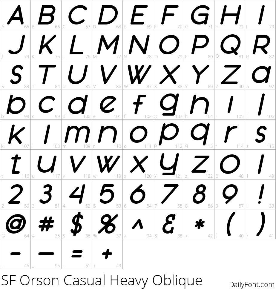 SF Orson Casual Heavy Oblique character map
