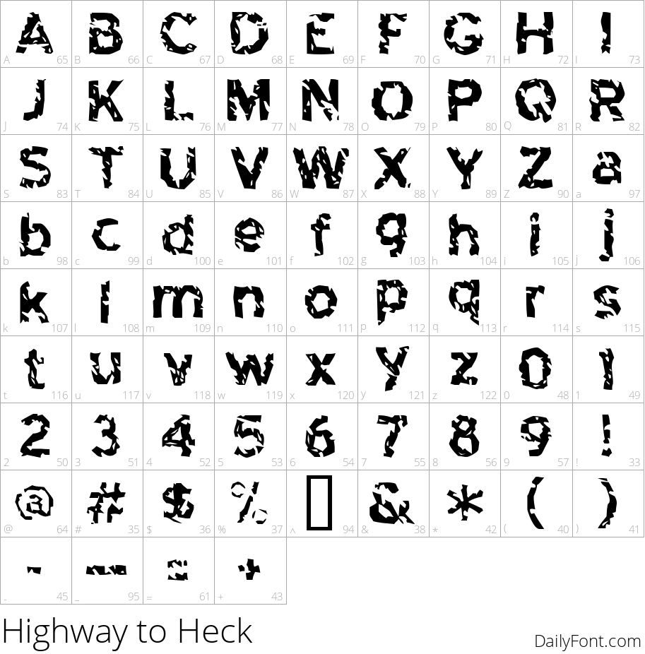 Highway to Heck character map