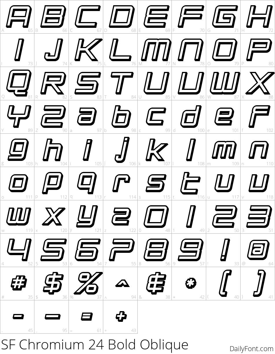 SF Chromium 24 Bold Oblique character map